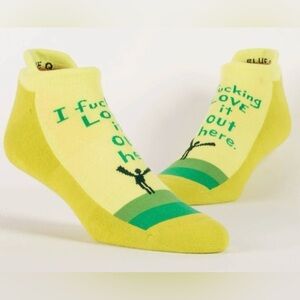 BLUE Q Yellow Graphic No-Show Socks - I Fu@king Love it Out Here Unisex NEW